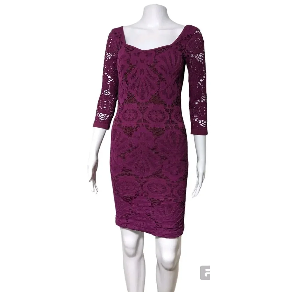 Intimately Free People Dress‎ M/L Berry Blush Medallion Lace Bodycon Midi Length